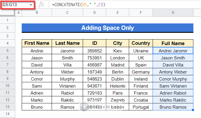 Adding Space Only with CONCATENATE function in google sheets