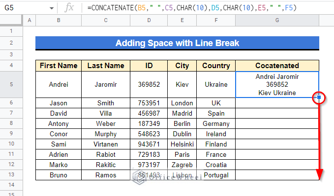Inserting Space with Line Break with CONCATENATE function in google sheets