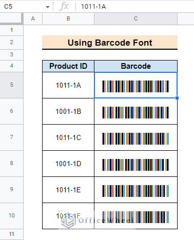 final result after usuing barcode font in google sheets