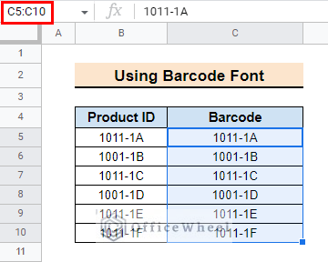 paste column to apply barcode font