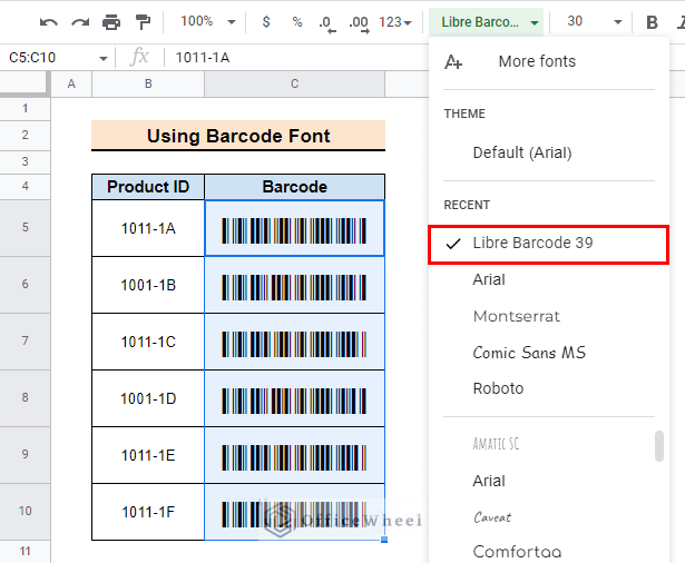 select barcode font to apply