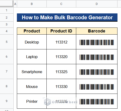 Output After Making Bulk Barcode Generator in Google Sheets