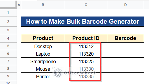 Inserting Product ID in Column C