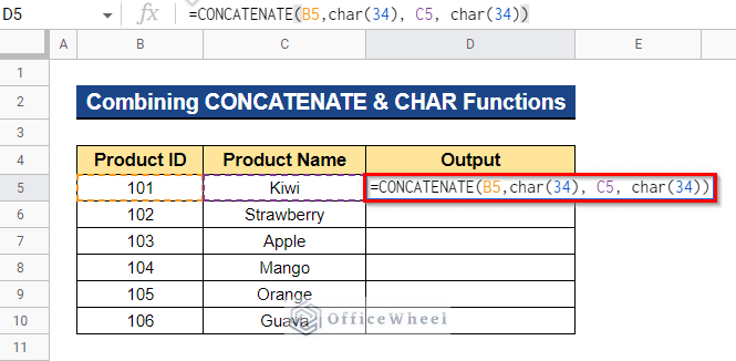 Combining CONCATENATE and CHAR Functions to Concatenate Double Quotes in Google Sheets