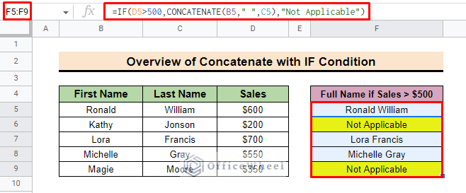 overview of concatenate if google sheets