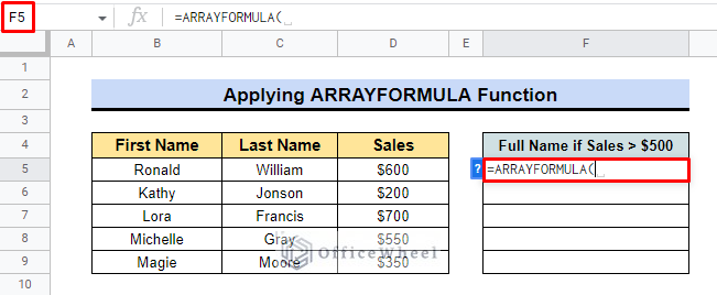 apply arrayformula function in google sheets