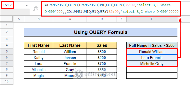 final outcome of query function in google sheets