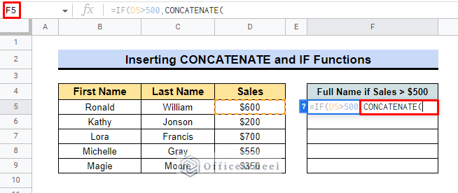 add concatenate function in google sheets