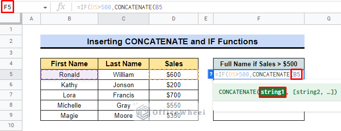 insert concatenate with if function