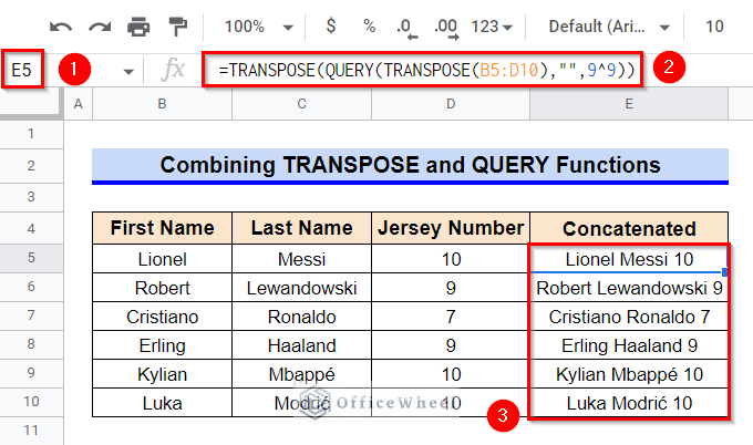 Combining TRANSPOSE and QUERY Functions to Concatenate Multiple Cells in Google Sheets
