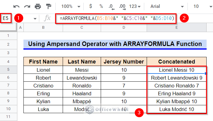 Using Ampersand Operator with ARRAYFORMULA Function to Concatenate Multiple Cells in Google Sheets