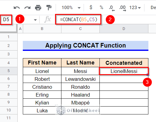 Applying CONCAT Function to Concatenate Multiple Cells in Google Sheets
