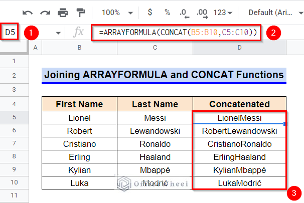 Joining ARRAYFORMULA and CONCAT Functions to Concatenate Multiple Cells in Google Sheets