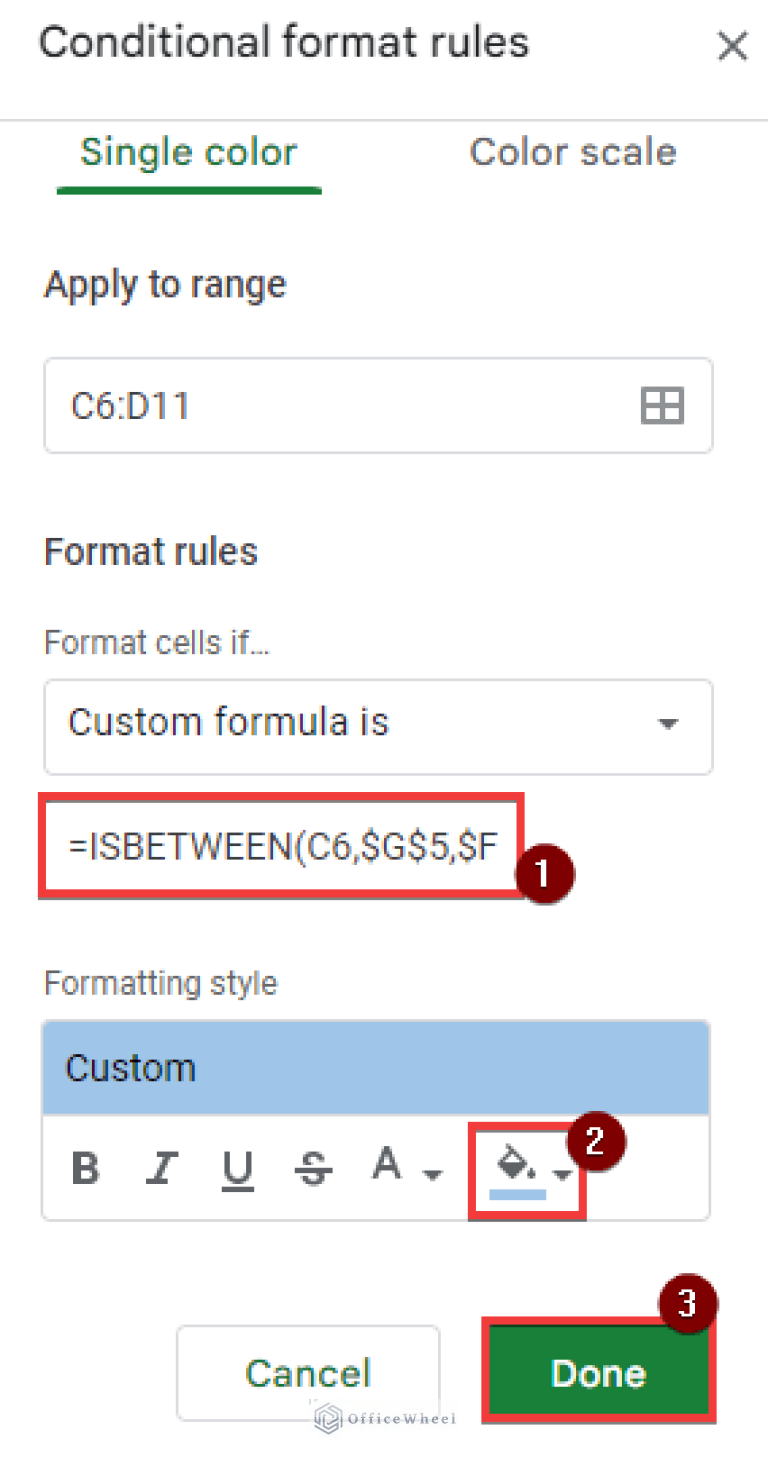 Conditional Formatting Between Two Values in Google Sheets