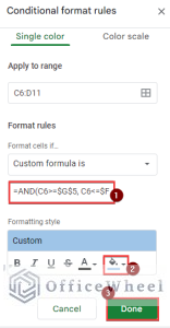 Conditional Formatting Between Two Values in Google Sheets