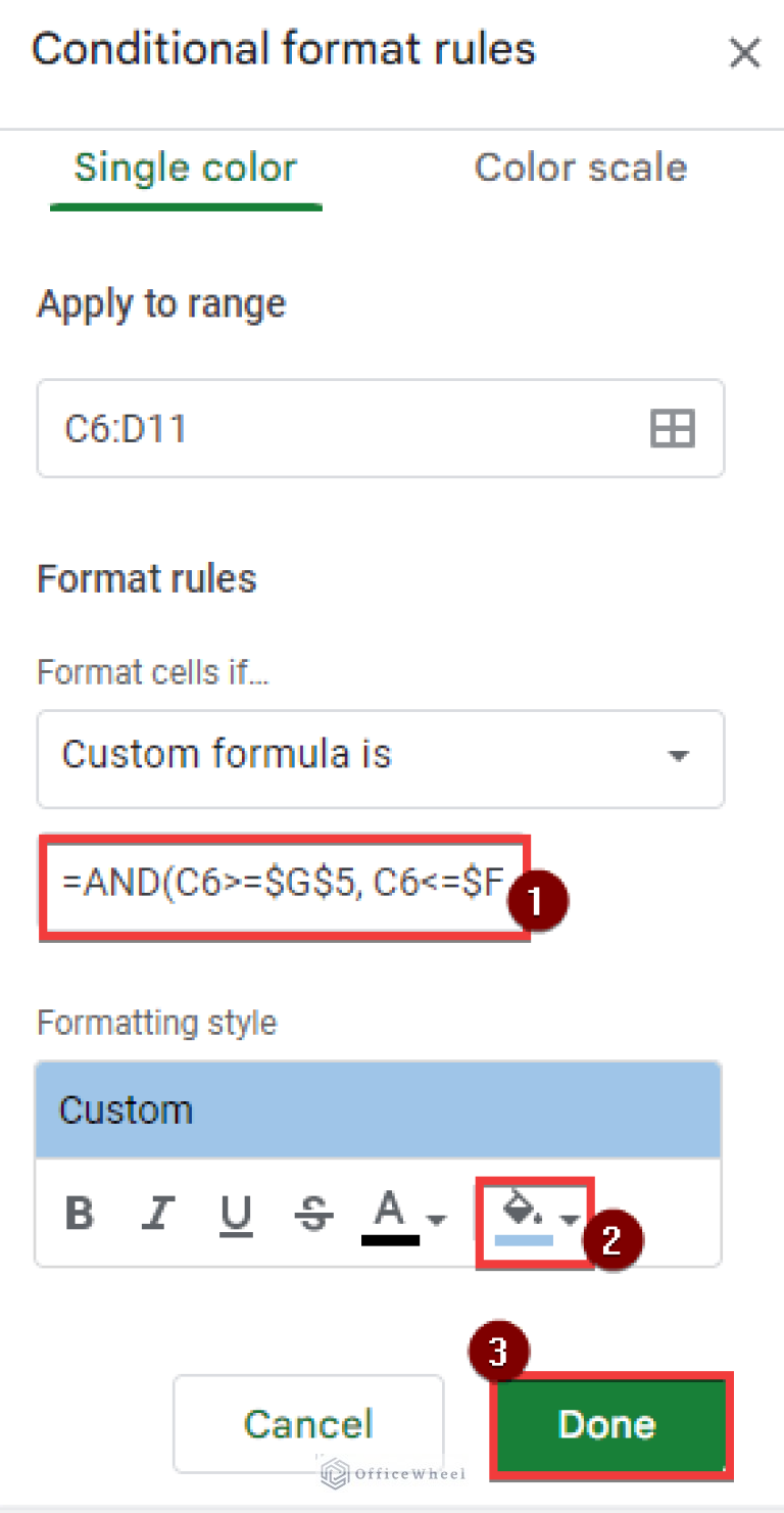 Conditional Formatting Between Two Values in Google Sheets
