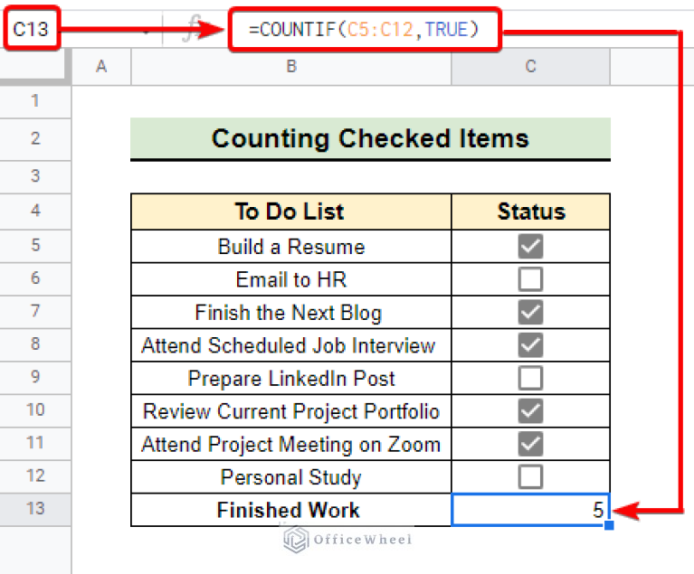 Use COUNTIF Function to Count Checkbox in Google Sheets