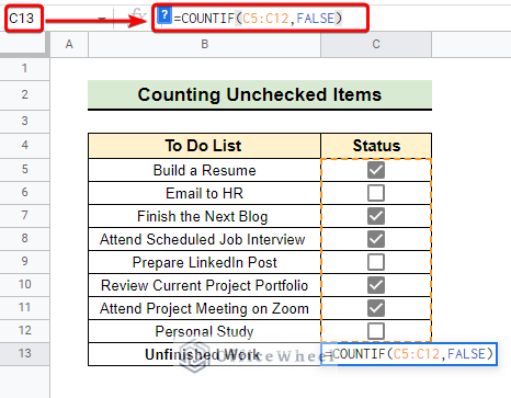 Counting unchecked items in google sheets