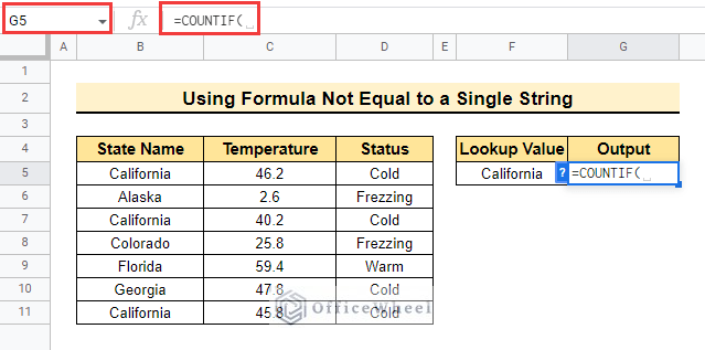 enter function to countif not equal to google sheets