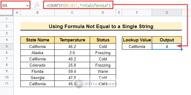 Output to countif not equal to google sheets for single column 