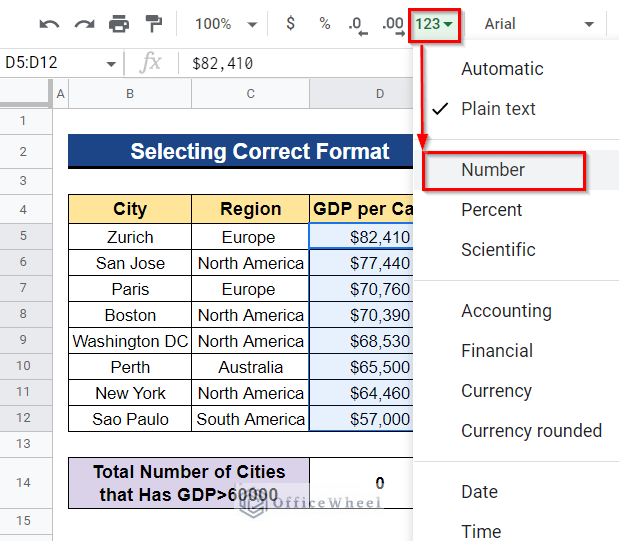 Choosing Number Format As COUNTIF Function Is Not Working in Google Sheets