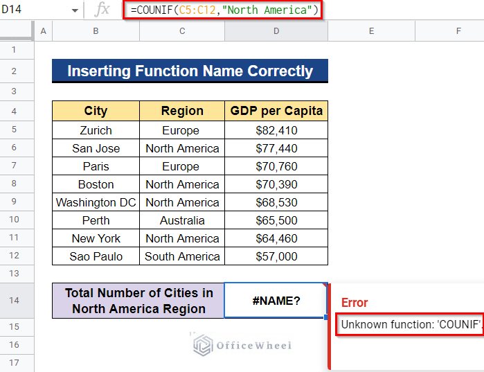 Inserting Function Name Correctly If COUNTIF Function Is Not Working in Google Sheets