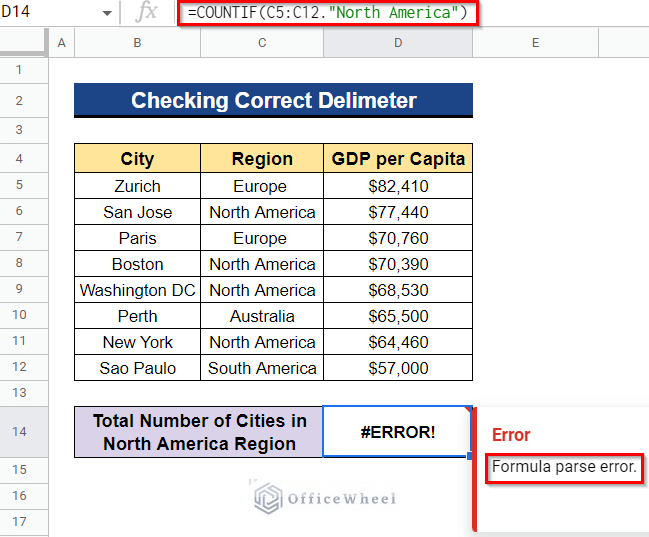 Checking Correct Delimeter If COUNTIF Function Is Not Working in Google Sheets