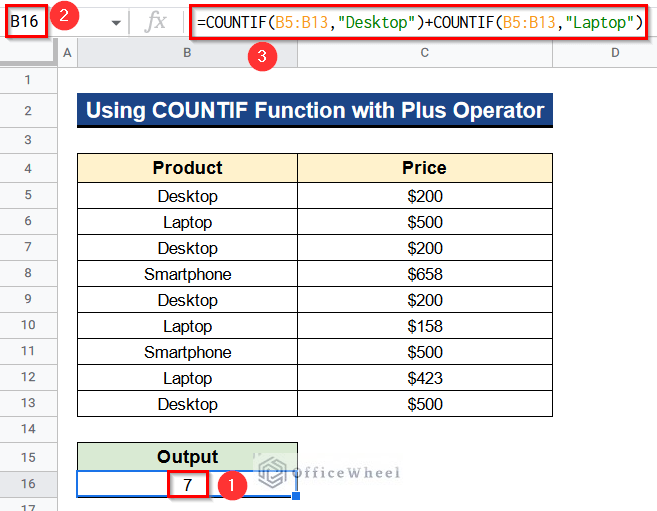Using COUNTIF Function with Plus Operator Which Is A OR Logic in Google Sheets