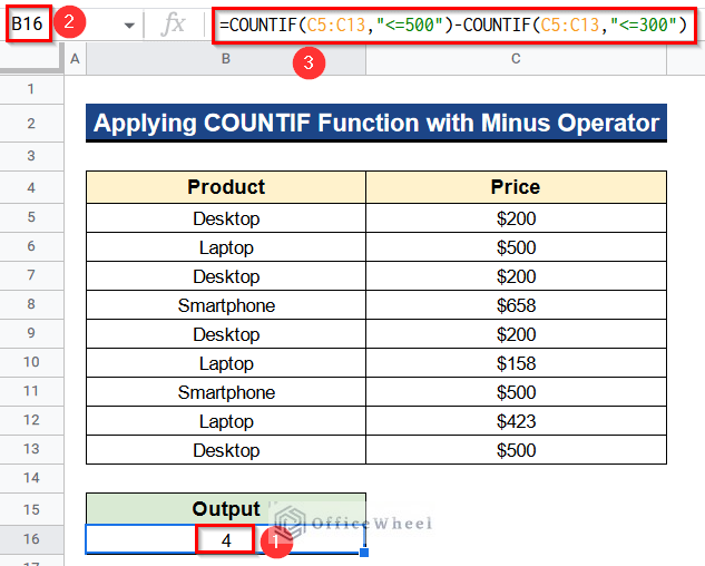 Applying COUNIF Function with Minus Operator Which Is A OR Logic in Google Sheets