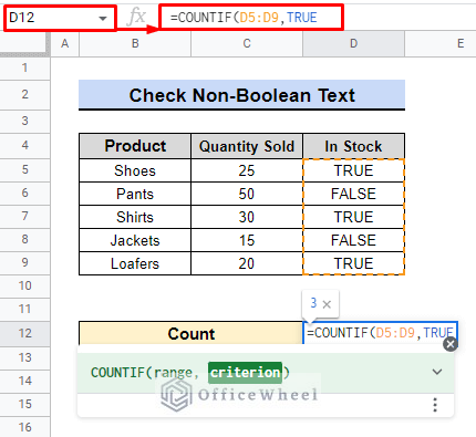 formula for countif true in google sheets if non boolean text
