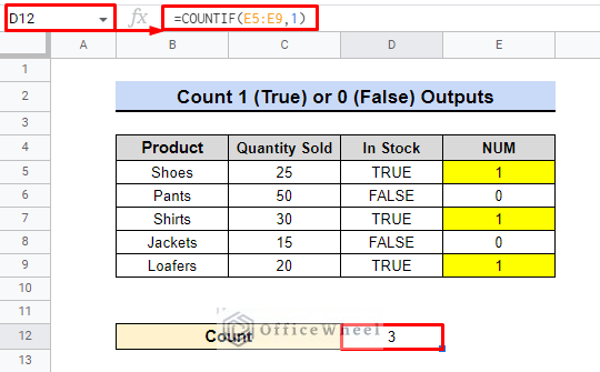 countif 1 or 0 in google sheets