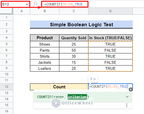 using formula for countif true in google sheets