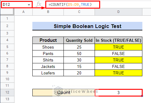 final result of countif true in google sheets simple boolean