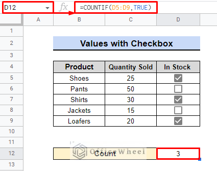 countif true in google sheets if values with checkbox