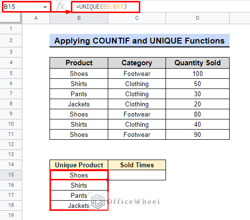 applying unique function to countif unique values in google sheets