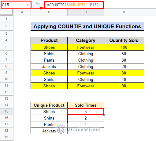 applying countif function to count sold times in google sheets
