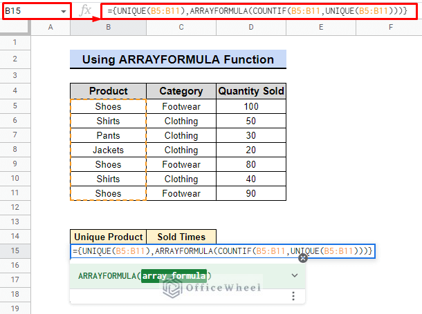 use of arrayformula function