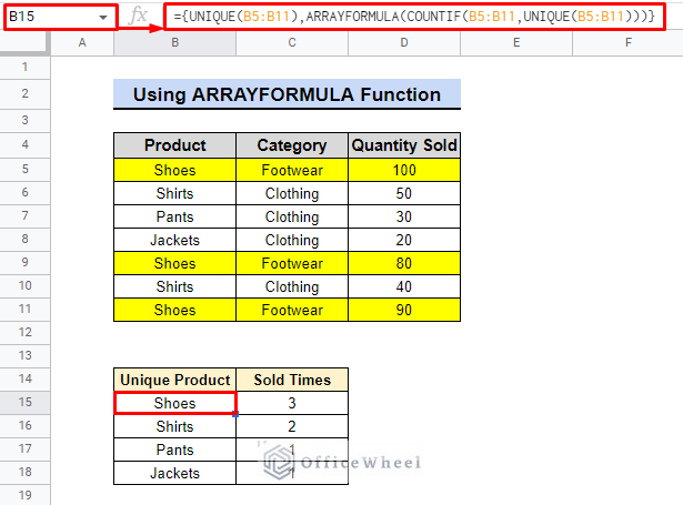 final result of using arrayformula function to countif unique values in google sheets