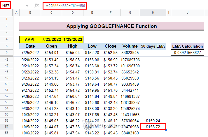 outcome of exponential moving average google sheets