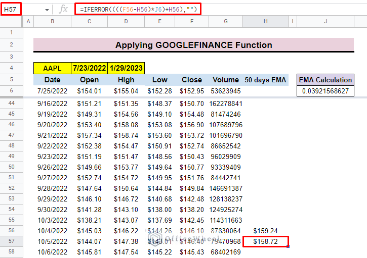 final outcome of exponential moving average google sheets