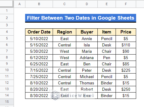 google sheets filter between two dates