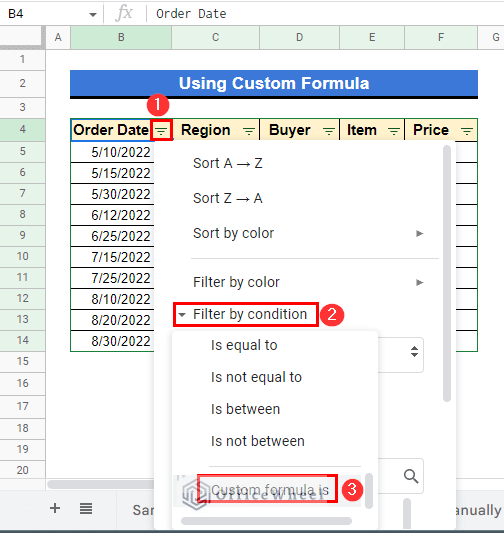 Using Custom formula to filter function in google sheets