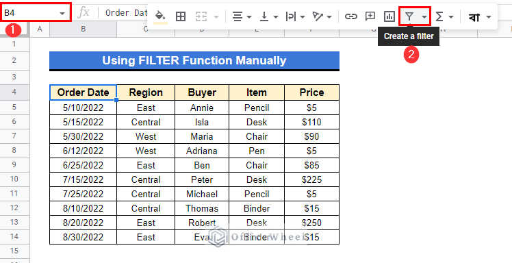 Using FILTER Function Manually to filter between two dates in google sheets