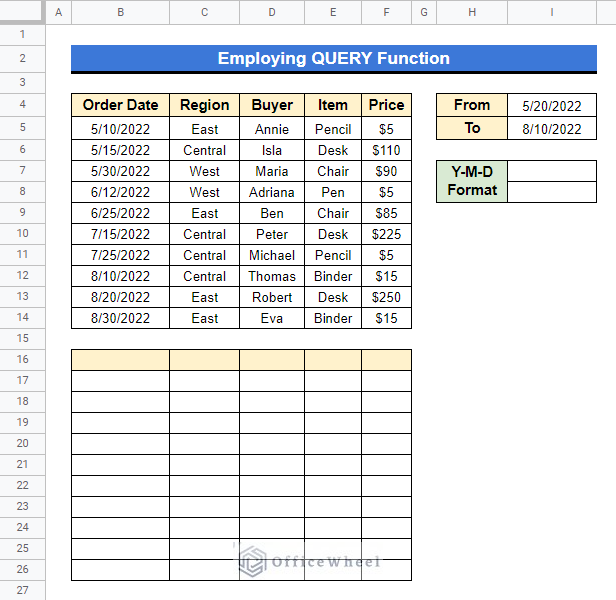 Employing QUERY Function to filter between rows in google sheets