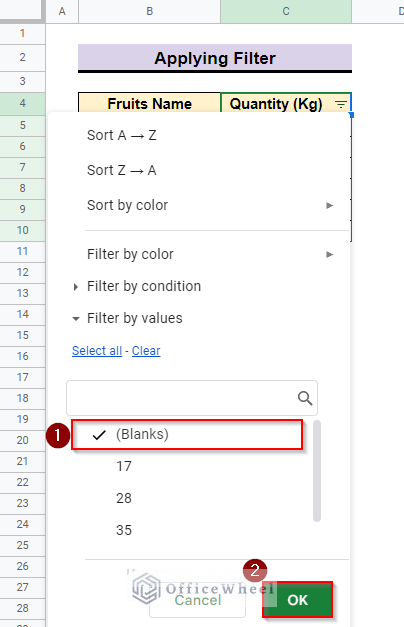 select blank option to filter in google sheets