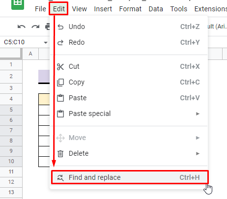 select find and replace option in google sheets