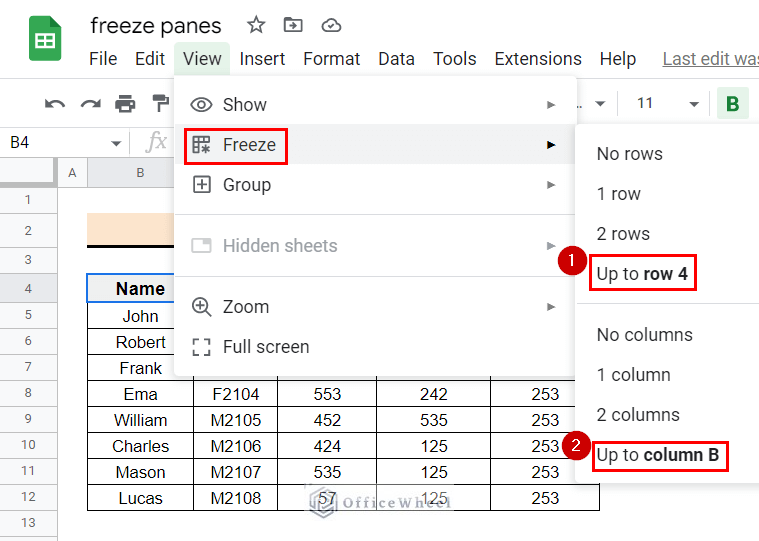 Selecting options to freeze panes in Google Sheets