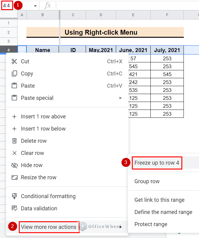 Selecting options to freeze row 4