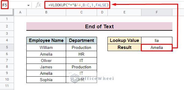 display output for vlookup partial match in the end of the text 