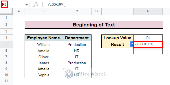 partial match vlookup for beginning of the text in google sheet